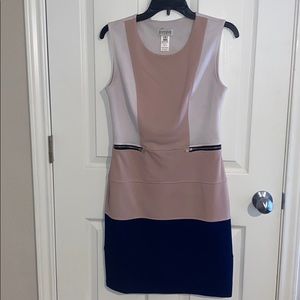 Color block navy, tan and white wear to work dress
